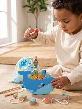 NEW Montessori Wooden Fishing Game Whale Toy Toddler Fine Motor Educational Toy